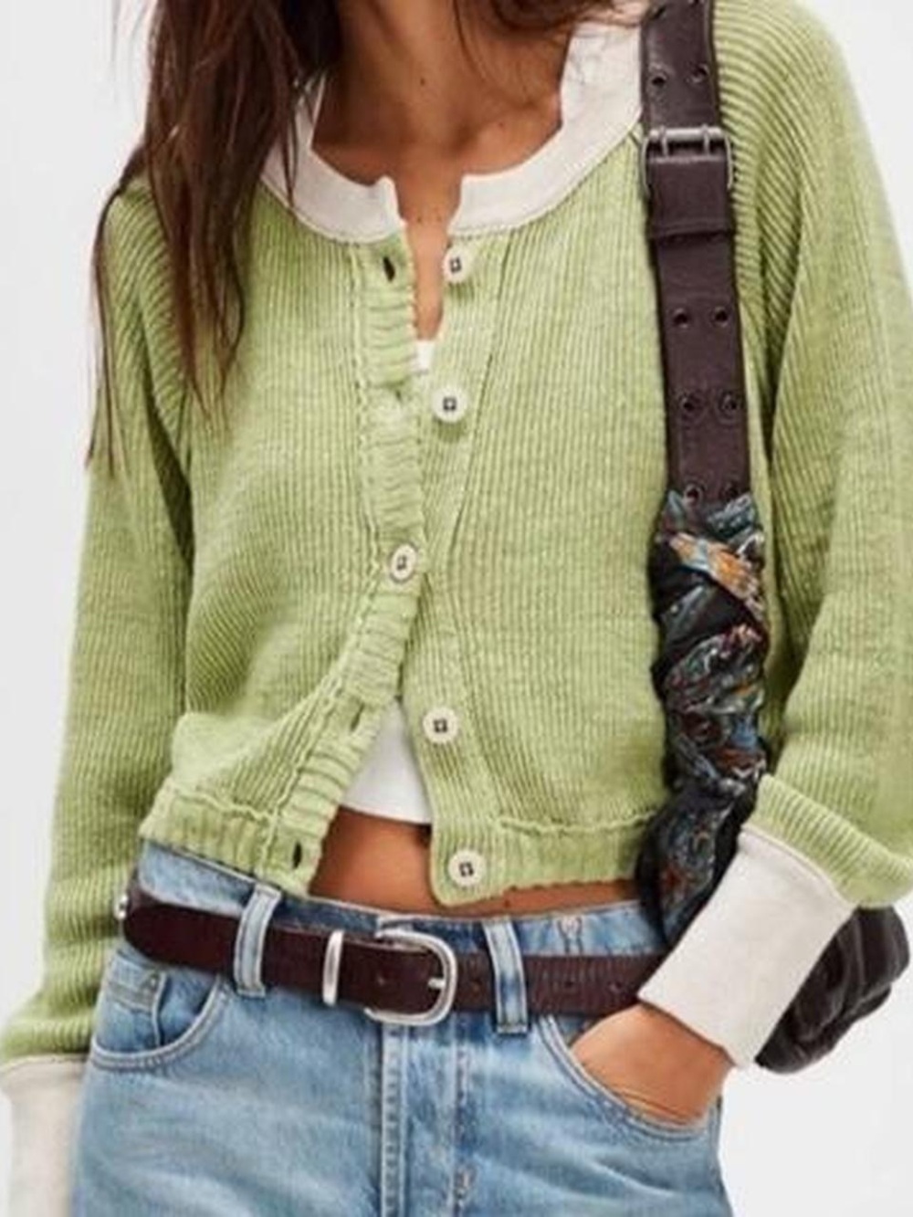 We The Free Lili Linen Light Green Women's Button-Front Cardigan Sweater